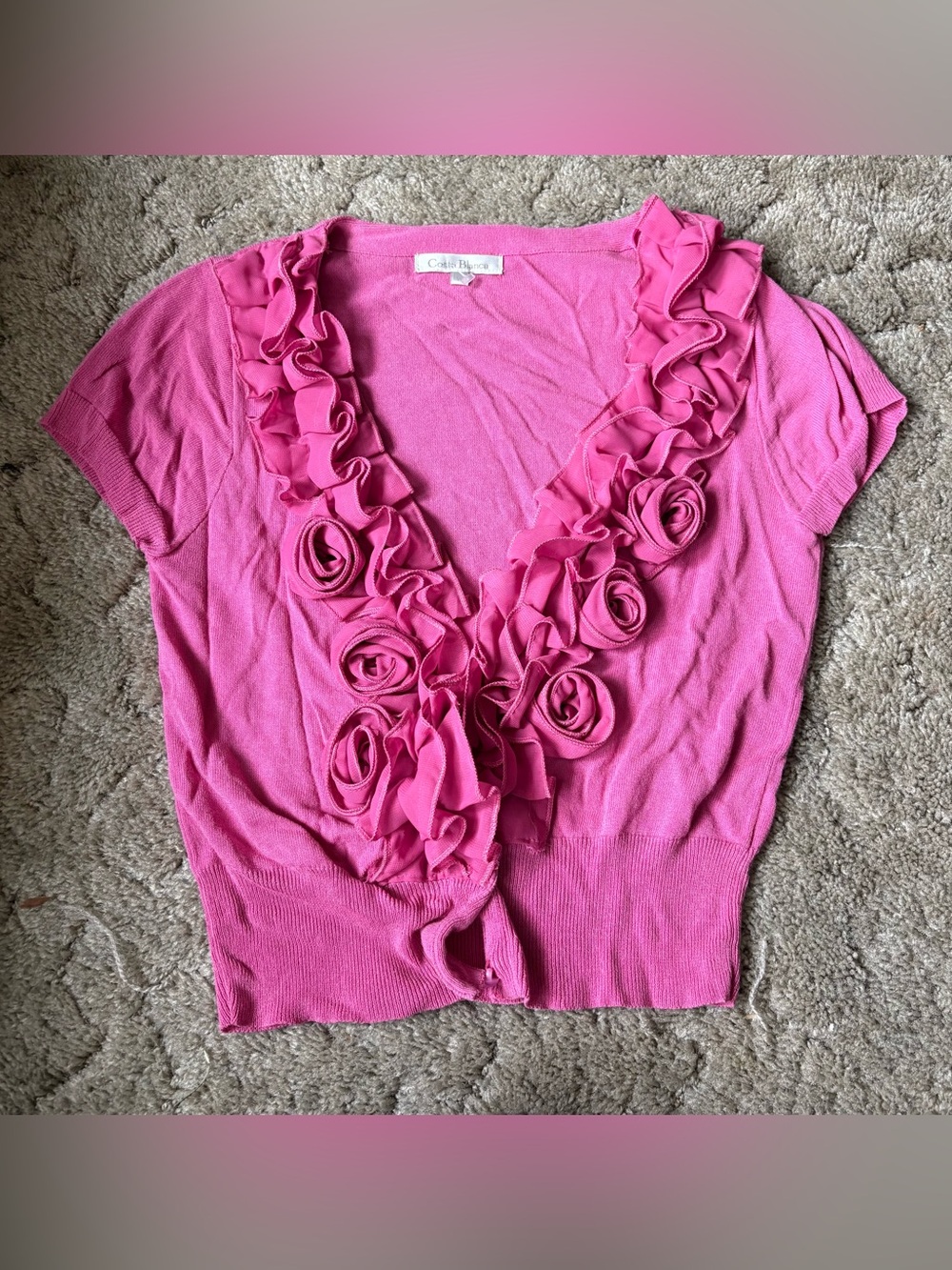 Pink Ruffle Rose V-Neck Sweater Top